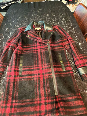 Michael Kors Plaid Wool-Look Coat in Red & Black Size small